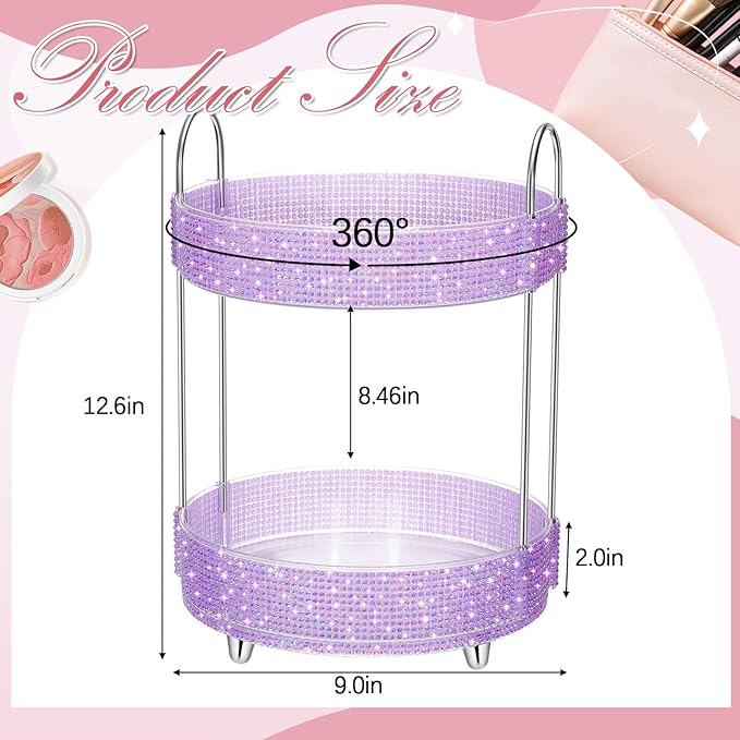 Honeydak 360 Rotating Perfume Organizer for Mother Day Nurse Day Rhinestone Bathroom Counter Organizer Makeup Holder Skincare and Perfume Storage for Cosmetic Countertop(2 Tiers,Resin Stone,Purple)
