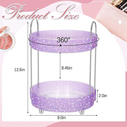 Honeydak 360 Rotating Perfume Organizer for Mother Day Nurse Day Rhinestone Bathroom Counter Organizer Makeup Holder Skincare and Perfume Storage for Cosmetic Countertop(2 Tiers,Resin Stone,Purple)