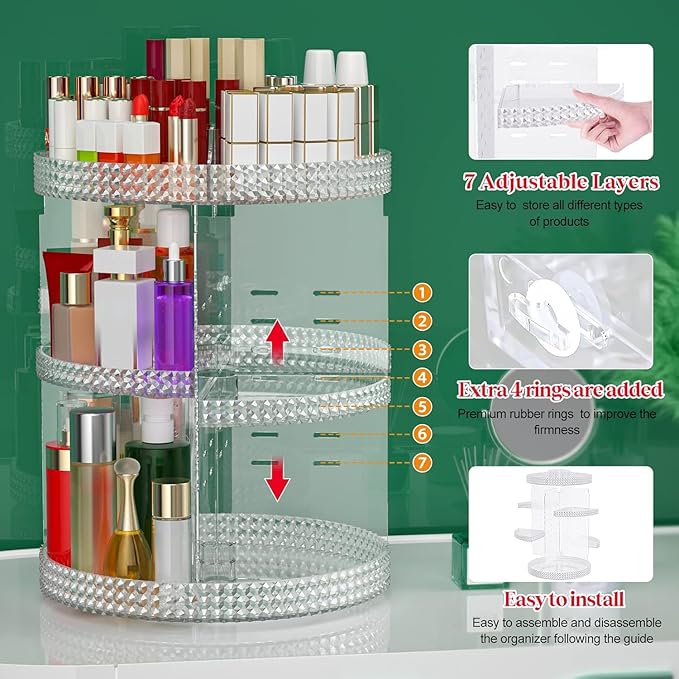 Awenia Makeup Organizer 360-Degree Rotating, Adjustable Makeup Storage, 7 Layers Large Capacity Cosmetic Storage Unit, Fits Different Types of Cosmetics and Accessories, Plus Size with Makeup Bag