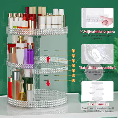 Awenia Makeup Organizer 360-Degree Rotating, Adjustable Makeup Storage, 7 Layers Large Capacity Cosmetic Storage Unit, Fits Different Types of Cosmetics and Accessories, Plus Size with Makeup Bag