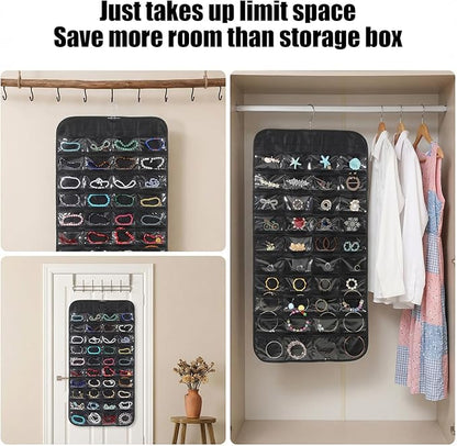 4 Pack Black Hanging Jewelry Storage with 80 Pockets, Double-Sided Closet Jewelry Organizer Hanging for Earrings, Necklaces, Rings, Bracelets
