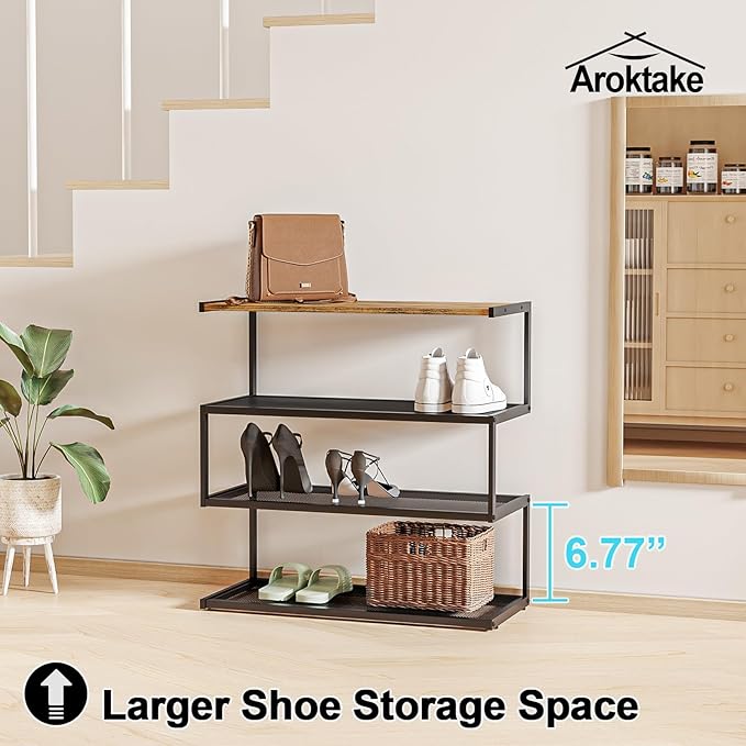 Shoe Rack, Unique 5-Shaped Free Standing Shoe Shelf, 4-Tier Wooden Shoe Organizer with Wooden Top and Steel Frame for Front Door Entrance, Entryway, Hallway, 24.41" D x 11.02" W x 23.23" H