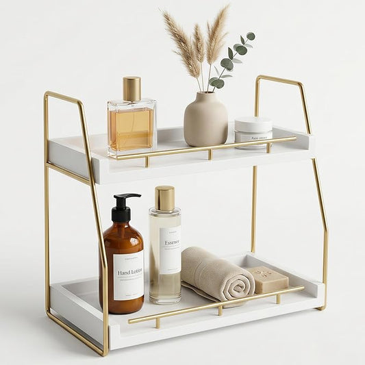 Mustry Bathroom Countertop Organizer, 2-Tier Makeup Organizer for Vanity, Wooden Shelf with Gold Metal Frame for Skincare, Perfume & Decor (White&Gold)