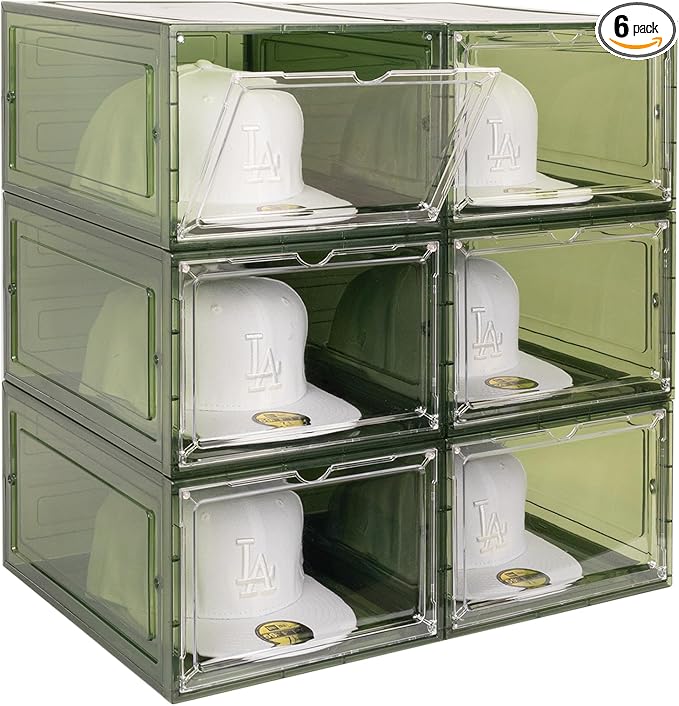 SCAVATA 6 Pack Hat Organizer Box, Stackable Clear Baseball Caps Holder Box Containers with Magnetic Door for Hats Snapback Cap Storag, Hat Rack Display Case, Holds 8 Hats Each (Green)