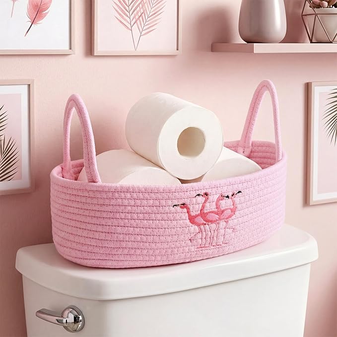 Vesici Pink Flamingo Woven Storage Basket for Toilet Tank Top Boho Cotton Rope Bathroom Countertop Organizer Basket with Handle Pink Bathroom Decor for Bedroom Nursery Toys Organizing, 13 x 6 x 4 Inch