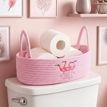 Vesici Pink Flamingo Woven Storage Basket for Toilet Tank Top Boho Cotton Rope Bathroom Countertop Organizer Basket with Handle Pink Bathroom Decor for Bedroom Nursery Toys Organizing, 13 x 6 x 4 Inch