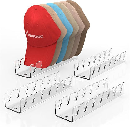 Nicetree Hat Organizer for Baseball Caps, 4 Pcs No Install Acrylic Hat Racks for 28 Baseball Caps Storage, Hat Stand for Caps Display and Organizer for Dresser, Bedroom, Closet, Office