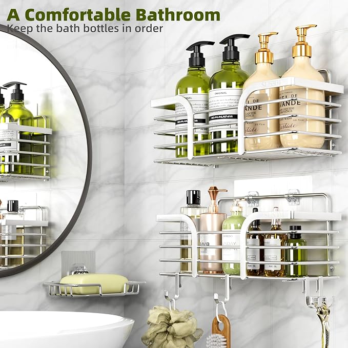 Yougai Shower Caddy, Shower Organizer with Soap Holder and Hooks, Rustproof Shower Shelves, No Drilling Bathroom Organizers and Storage, Wall-Mounted Kitchen & Home Decor (Silver)