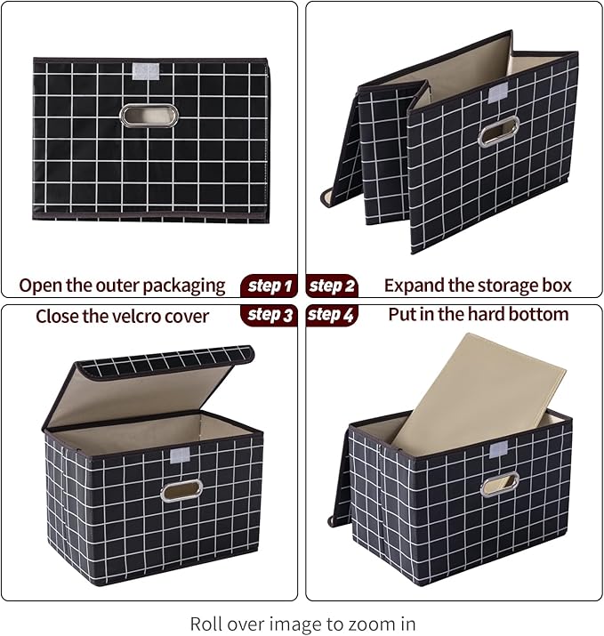 STOREONE Fabric Storage Cube Bins Foldable Organizer Container Collapsible Basket with Lids and Metal Handles, for Home, Bedroom, Closet 3 Pcs (Black grid)