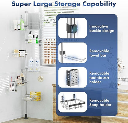 Vatex Shower Caddy Corner Tension Pole, Stainless Steel Rustproof 6 Shelves Bathroom Organizer with Towel Bar & Toothbrush Holder, Adjustable Shower Shelf for Renters - Family Stand Storage Rack