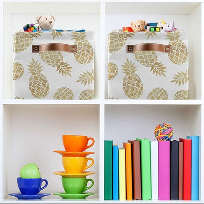 Large Storage Basket Bin Pineapple Pattern Storage Cube Box Foldable Canvas Fabric Collapsible Organizer with Handles for Home Office Closet