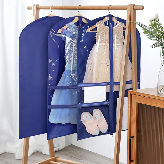 Univivi Kids Garment Bags for Dance Costumes 40 Inch Hanging Dance Costume Bag for Dance Competitions, with 3 Medium Clear Zipper Pockets for Dance Costumes, Closet Storage (Navy Blue) - 4 Pack