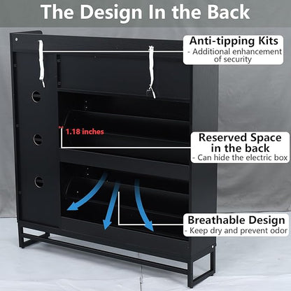 Gyfimoie Shoe Storage Cabinet with 2 Flip Drawers, Freestanding Shoe Cabinet Organizer with Storage Shelf, Shoe Rack with Adjustable Side Cabinet, Narrow Farmhouse Shoe Cabinet for Entryway (Black)