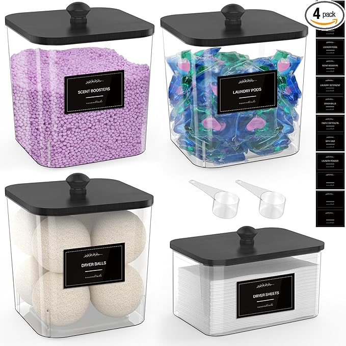 COAZEX 3+1 Pack Clear Laundry Pods Container & Dryer Sheet Holder, Plastic Square Laundry Room Organization and Storage Jars with Black Lids, Scoops & Labels for Detergent, Powder, Dryer Balls