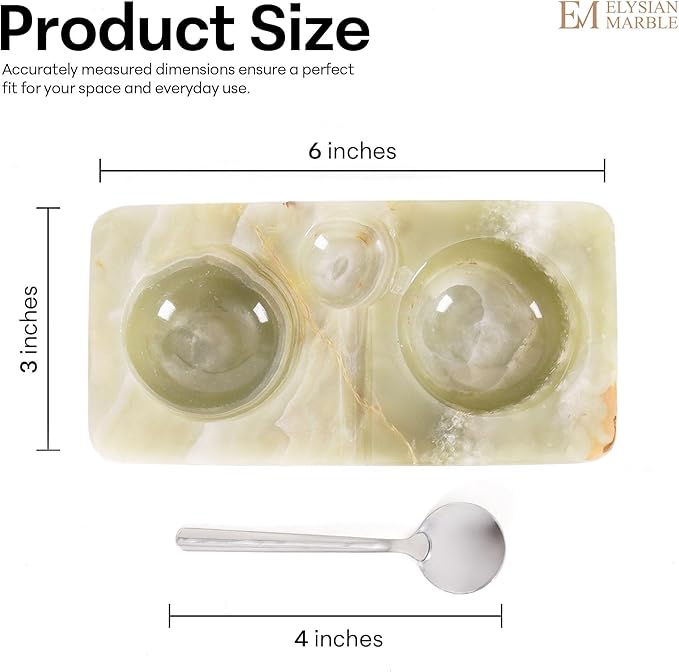 Marble Salt and Pepper Dish with Spoon, Handcrafted Double Spice Tray with 2 Compartments, Natural Stone Condiment Dish for Cooking Prep and Serving - Green Onyx