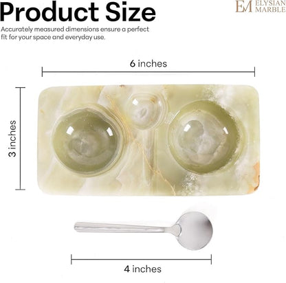 Marble Salt and Pepper Dish with Spoon, Handcrafted Double Spice Tray with 2 Compartments, Natural Stone Condiment Dish for Cooking Prep and Serving - Green Onyx