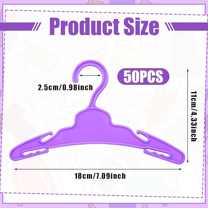 Soulchen 50 Pcs Doll Clothes Hangers for 18 Inch Dolls, Purple Plastic Clothes Hangers with Non-Slip Clips, Space-Saving Wardrobe Accessories for Gown Dress Outfit
