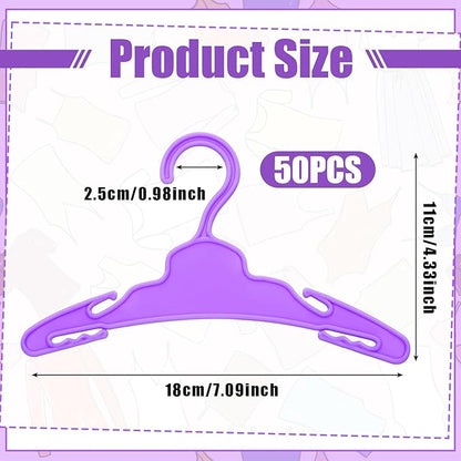 Soulchen 50 Pcs Doll Clothes Hangers for 18 Inch Dolls, Purple Plastic Clothes Hangers with Non-Slip Clips, Space-Saving Wardrobe Accessories for Gown Dress Outfit