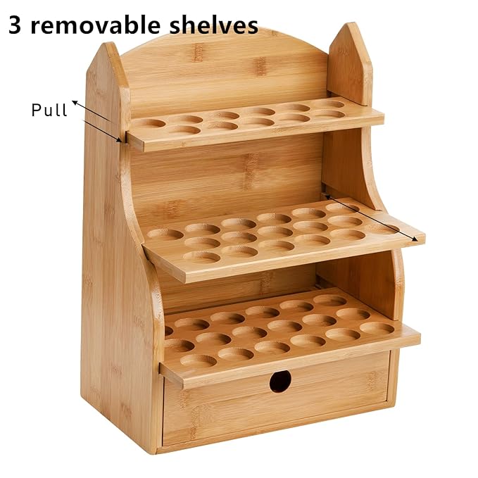 Dicunoy Essential Oils Storage Case, 46 Slots Nail Polish Shelf Display Rack with Drawer, Bamboo 3 Tiers Essential Oil Organizer Holds 10/15/20/30ml Bottles for Home, Cosmetic Shelf, Fairs, Shop