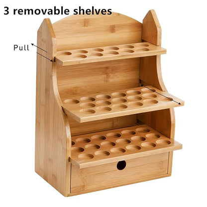 Dicunoy Essential Oils Storage Case, 46 Slots Nail Polish Shelf Display Rack with Drawer, Bamboo 3 Tiers Essential Oil Organizer Holds 10/15/20/30ml Bottles for Home, Cosmetic Shelf, Fairs, Shop