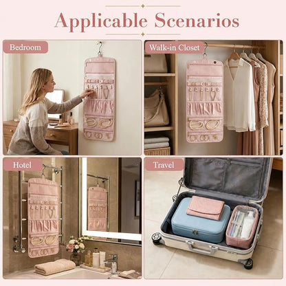 Jewelry Organizer with Hanger,Hanging Jewelry Organizer, Portable Travel Jewelry Bag,Foldable Storage for Earrings, Rings, and Watches; Can Be Hung on Wardrobes, Walls, or Doors, Pink