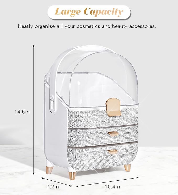 Bling Makeup Organizer Countertop, Sparkle Skincare Holder Organizer with Glitter Rhinestones, Storage Box Cosmetic Display Cases, Teen Girl Gifts Make up Organizers for Vanity, Dresser