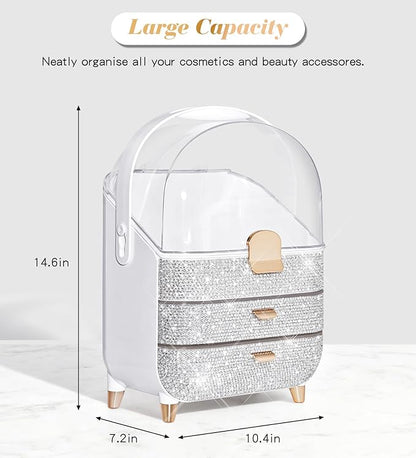 Bling Makeup Organizer Countertop, Sparkle Skincare Holder Organizer with Glitter Rhinestones, Storage Box Cosmetic Display Cases, Teen Girl Gifts Make up Organizers for Vanity, Dresser