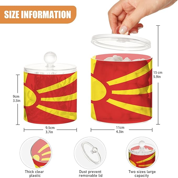 DOMIKING Flag Macedonia 2 Pack Bathroom Canisters Cotton Swab Holder Dispenser Plastic Cotton Ball Jar Acrylic Storage Containers for Cotton Swab Cotton Ball Cotton Round Pads