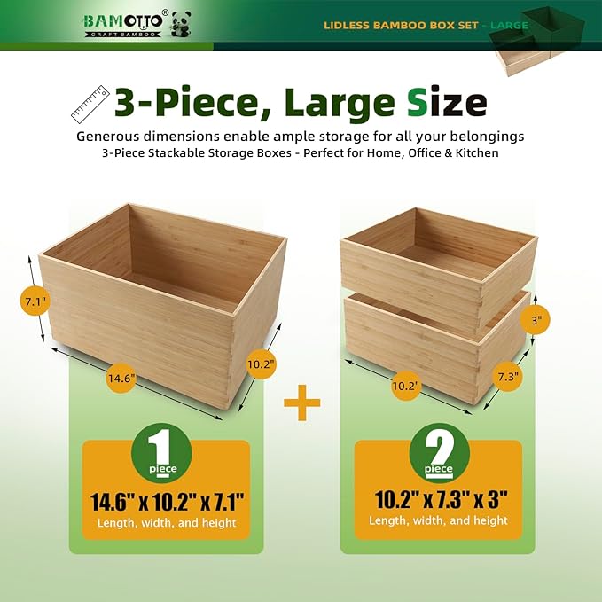 BAMOTTO CRAFTBAMBOO 3-Piece Large Bamboo Storage Box Set - 7.1in High Stackable Deep-Drawer Organizer, Lidless Bamboo Bin for Kitchen Cutlery Utensils Knives (14.6"x10.2"x7.1"*1 + 10.2"x7.3"x3"*2)