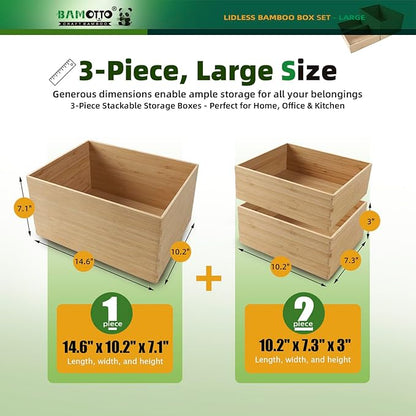 BAMOTTO CRAFTBAMBOO 3-Piece Large Bamboo Storage Box Set - 7.1in High Stackable Deep-Drawer Organizer, Lidless Bamboo Bin for Kitchen Cutlery Utensils Knives (14.6"x10.2"x7.1"*1 + 10.2"x7.3"x3"*2)