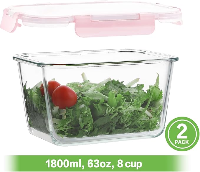 HOMBERKING 4 Pieces 63oz/8cup Large Glass Food Storage Containers with Lids, Meal Prep Containers, Airtight Bento Boxes with Leak Proof Locking (2 Containers + 2 Lids), Microwave, Oven Safe-Pink
