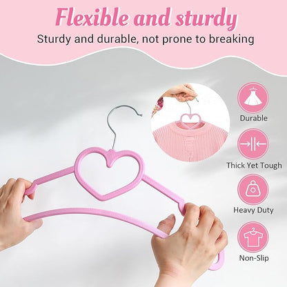 Plastic Hangers 50 Pack, Cute Clothes Hanger Ultra Thin Space Saving - Pink Clothes Hangers with 360 Degree Swivel Hook & Travel Clothesline - Sturdy Adult Coat Hangers for Dress, Shirts, Coats