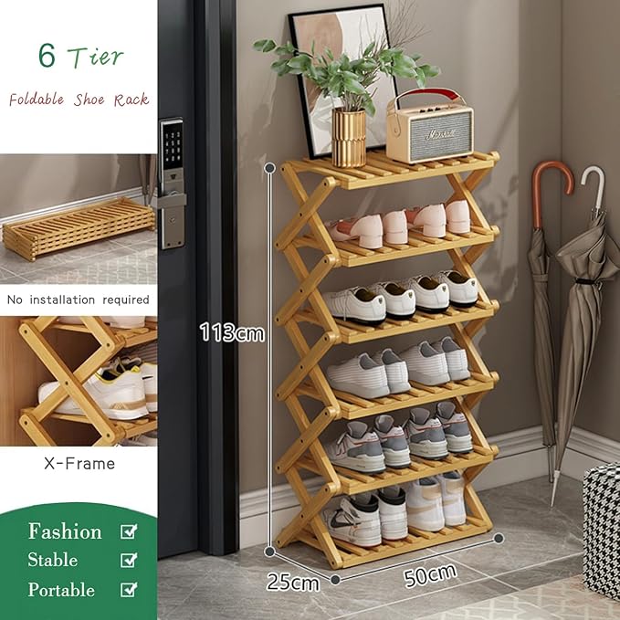 6 Tier Bamboo Shoe Rack,Portable Folding Shoe Storage Rack,Without Installation Small Shoe Rack Perfect for Corridors, Bedrooms and Small Spaces (6 Tier)