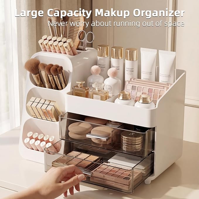 Makeup Organizer with Drawers & Brush Holder for Vanity - Organize Cosmetics Bathroom Countertop Storage Skin care Essentials Dresser, Bathroom, Office Countertop (White)