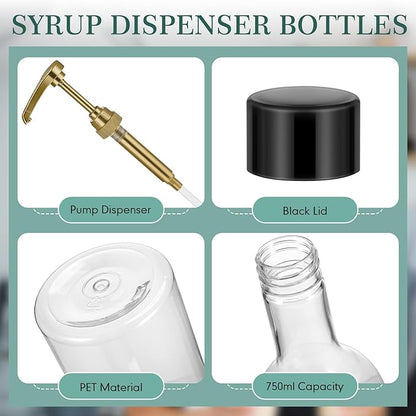 Maxdot 8 Pcs 25 oz Syrup Bottles with Pump Long Neck Bottles Plastic Syrup Pump Dispenser for Coffee Bar Accessories Home Party (Gold)