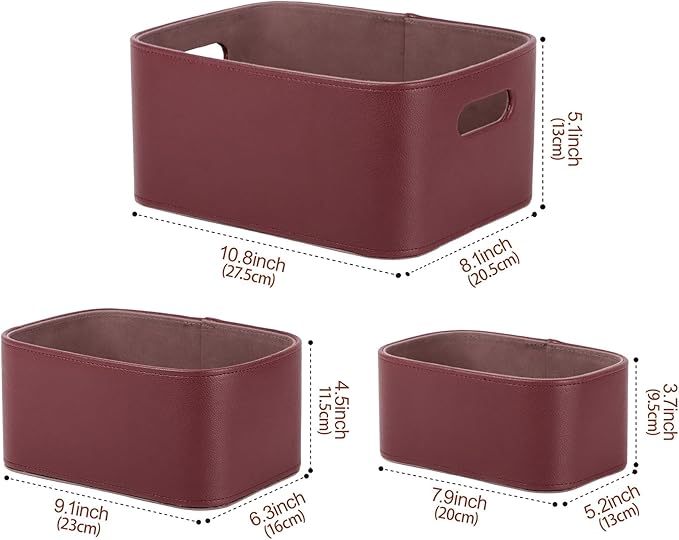HofferRuffer Faux Leather Storage Baskets Bins with Velvet Lining for Organizing, Storage, Gifts, Set of 3 Nesting Shelf Baskets Decorative Storage Boxes for Home Organization (Dark Red)