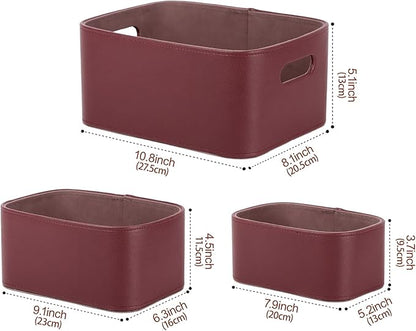 HofferRuffer Faux Leather Storage Baskets Bins with Velvet Lining for Organizing, Storage, Gifts, Set of 3 Nesting Shelf Baskets Decorative Storage Boxes for Home Organization (Dark Red)