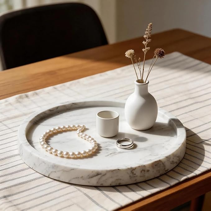 Natural Marble Decorative Tray for Bathroom Bedroom Kitchen Dresser, Round Vanity Trays for Jewelry, Perfume, Cosmetic, Candle, Countertop Storage Organizer for Home Decor Color White (TP601)