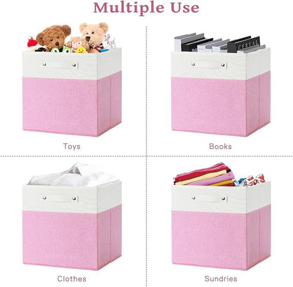 FinishingBo 13 x 13 Inch Fine Linen Storage Bins with Handles，Fabric Cube Boxs，Basket Organizers for Shelves for Home, Closet Drawers (White/Pink-4 Pack)