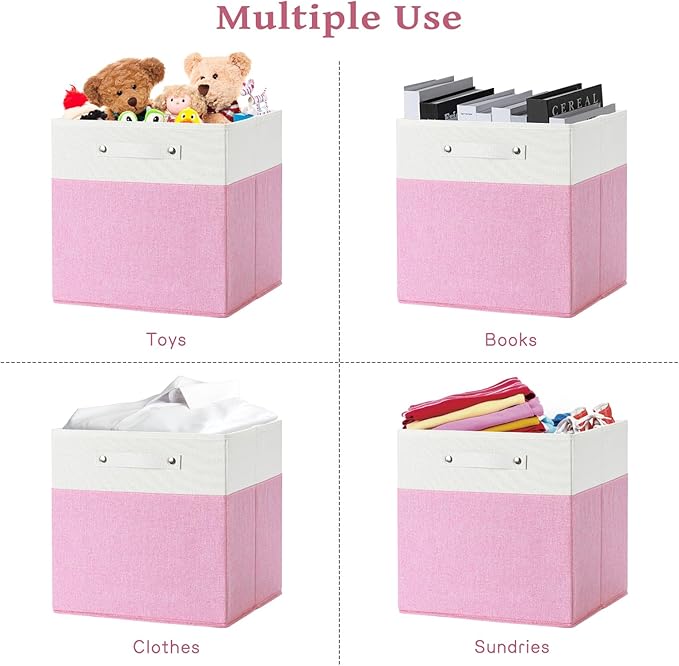 FinishingBo 13 x 13 Inch Fine Linen Storage Bins with Handles，Fabric Cube Boxs，Basket Organizers for Shelves for Home, Closet Drawers (White/Pink-6 Pack)