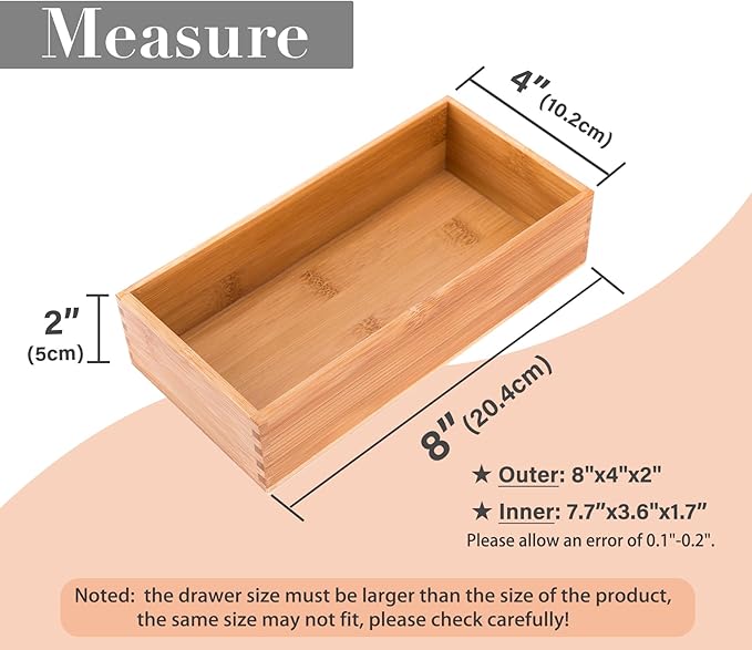 Bamboo Office Supplies Organizer Box Stationery Accessory Organizer Dresser Makeup Tool Drawer Storage Box, Bamboo 8"*4"