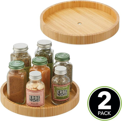 mDesign Bamboo Lazy Susan Turntable Food Storage Container for Cabinets, Pantry, Refrigerator, Countertops, Spinning Organizer for Spices, Condiments - 9" Round - Echo Collection - 2 Pack - Natural