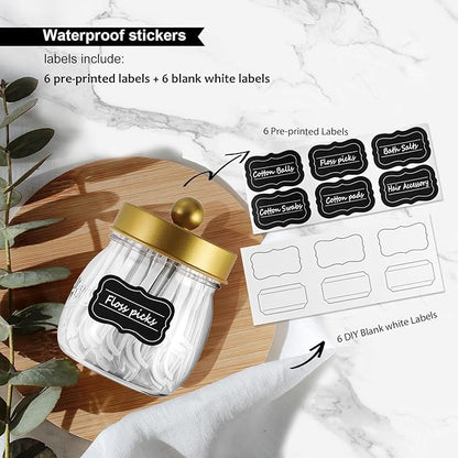 6 Pack Qtip Holder Bathroom Set, SheeChung Plastic Mason Jar Apothecary Jar Set for Bathroom Vanity Storage Organizer, Farmhouse/Home Decor, 12 Labels (Gold)