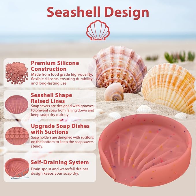 Silicone Bathroom Soap Dishes, Self Draining Waterfall Bar Soap Holder & Saver, Dish Soap Tray, Sponge Holder, 13 Non-Slip Suction Cups Dishwasher Safe for Bathroom Kitchen Shower Sink Organizer Red