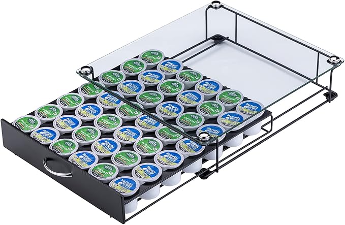 Coffee Pod Holder for Keurig Pods Glass Top Drawer,K cup Holder Capsule Display Storage compatibility 42 k-cup(Black)