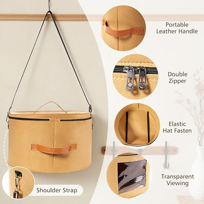 HEAVYWOOD Hat Box for Women Storage Travel Felt Hat Case for Wide-Brim Cowboy Hat Storage Foldable Organizer for Closet Large Round Hat Carrier with Portable Handle Shoulder Strap (Khaki)