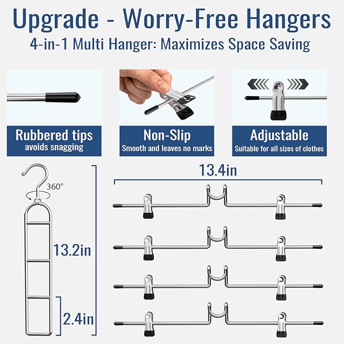 Pants Hangers With Clips, Newly Upgraded Detachable Space Saving Hangers for Skirts, Shorts & Trousers with Non slip clip,Heavy Duty Skirt Hangers - Hanging Closet Organizer And Storage,Patent Pending