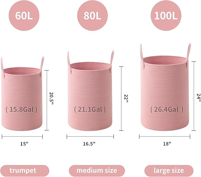 Laundry Basket Hamper Tall Rope Storage Woven for Blanket toys Dirty Clothes in Living Room Bathroom Bedroom (Pink, 100L/26.4Gal)