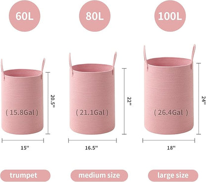 Laundry Basket Hamper Tall Rope Storage Woven for Blanket toys Dirty Clothes in Living Room Bathroom Bedroom (Pink, 100L/26.4Gal)
