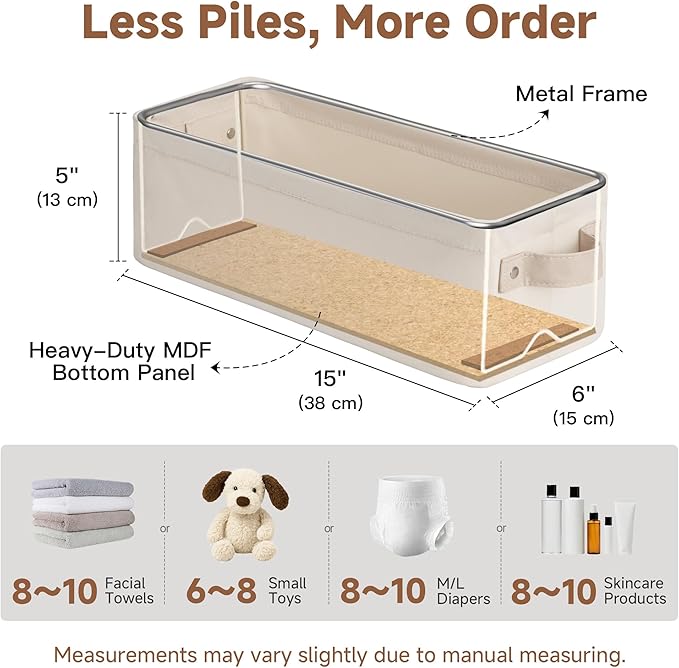 StorageWorks Narrow Storage Bins, Small Basket for Closet and Shelves, Fabric Closet Organizer Storage Bins with Handles, Toilet Paper Storage Baskets, Beige, Cool Cotton, 2-Pack